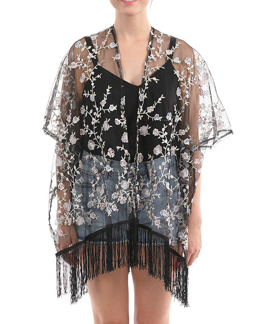 Flower Embroidery Poncho Kimono