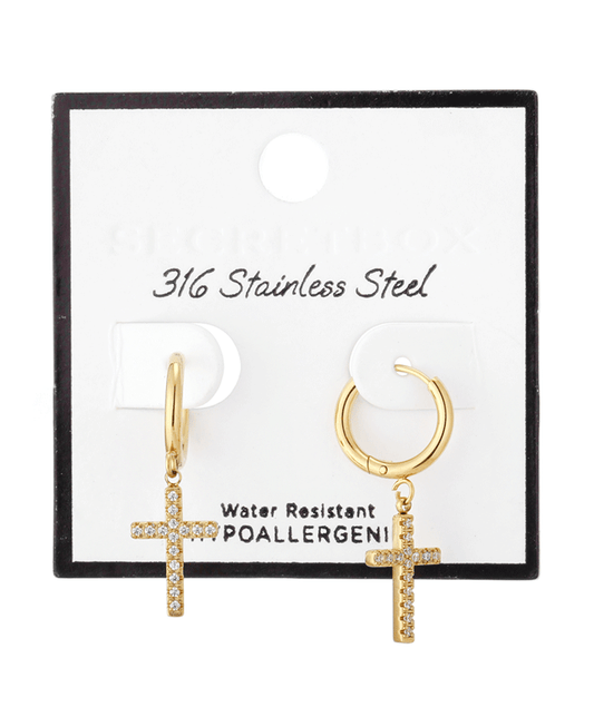 Stainless Stel Paved Cross Huggie Earring