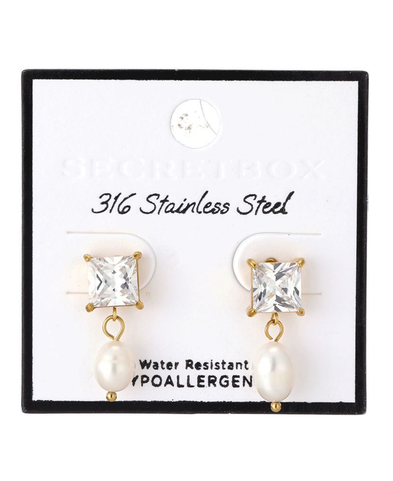 Stainless Steel CZ Pearl Dangle Earring