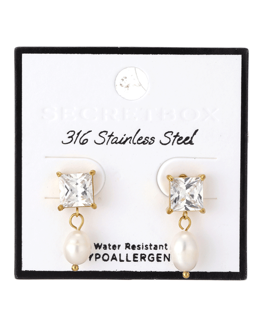 Stainless Steel CZ Pearl Dangle Earring