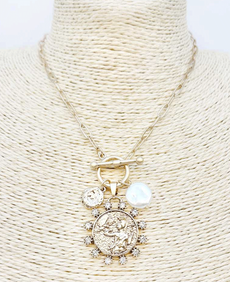 Medallion w/ Crystal & Charms Chain Necklace