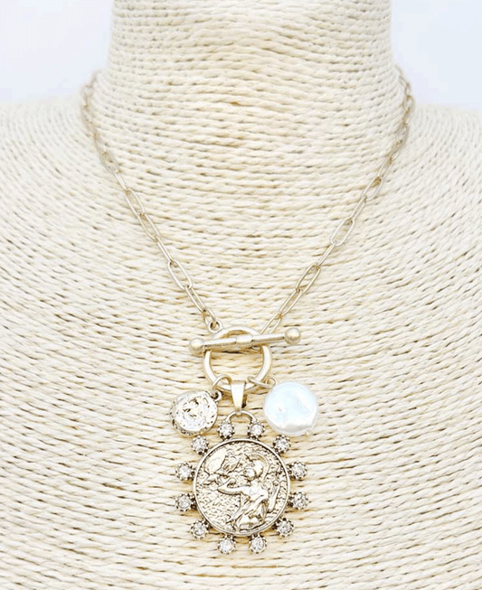 Medallion w/ Crystal & Charms Chain Necklace