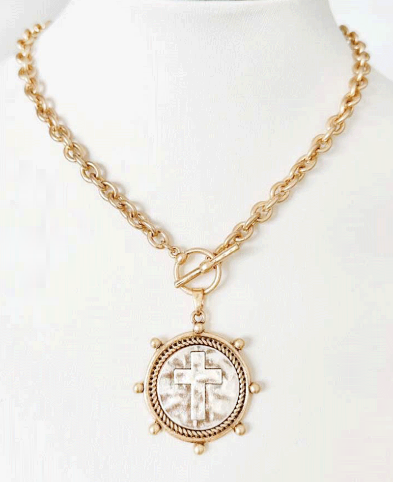 Cross Coin Pendant Chunky Chain Toggle Necklace