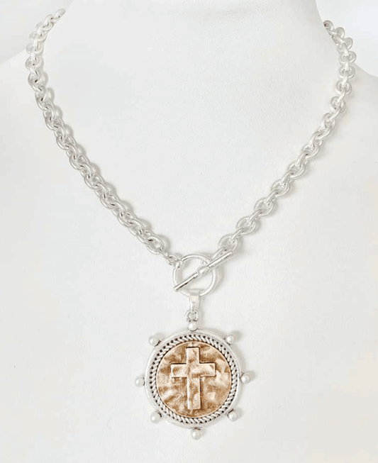 Cross Coin Pendant Chunky Chain Toggle Necklace