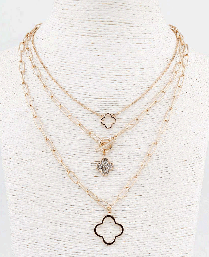 Triple Layered Chain w/ Clover Pendant Necklace