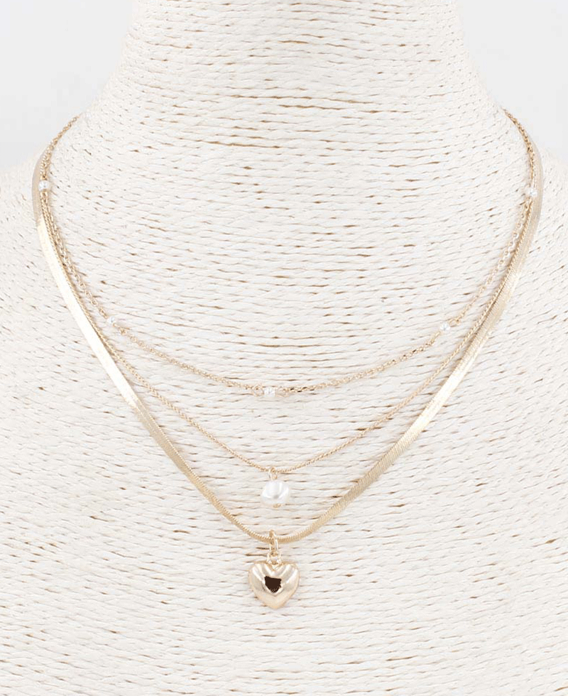 Triple Layered Chain w/ Heart & Pearl Necklace