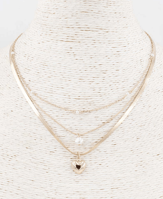 Triple Layered Chain w/ Heart & Pearl Necklace