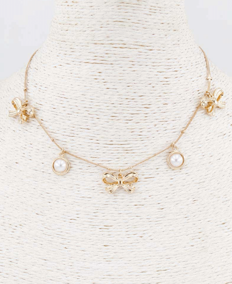 Bow Themed Pearl Charm Necklace
