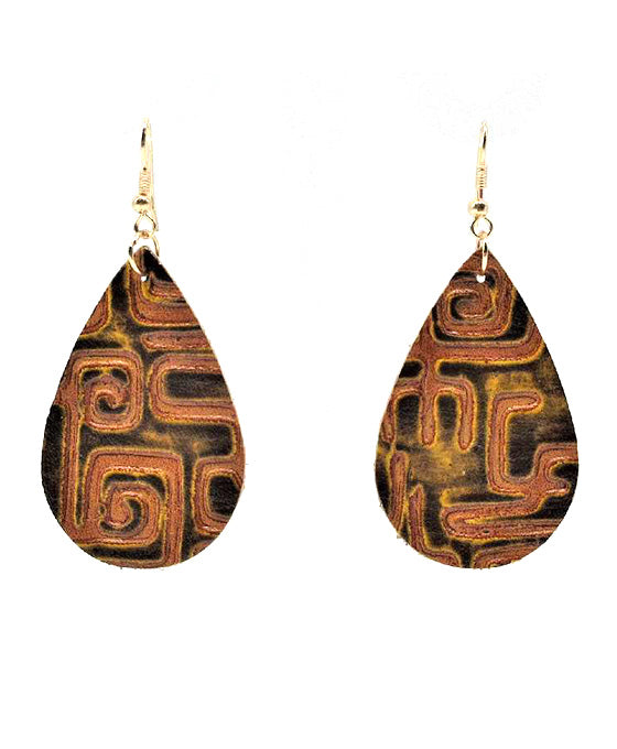 Teardrop Patterned Leather Earring