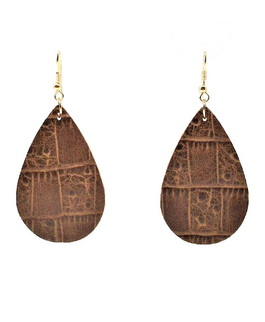 Teardrop Patterned Leather Earring