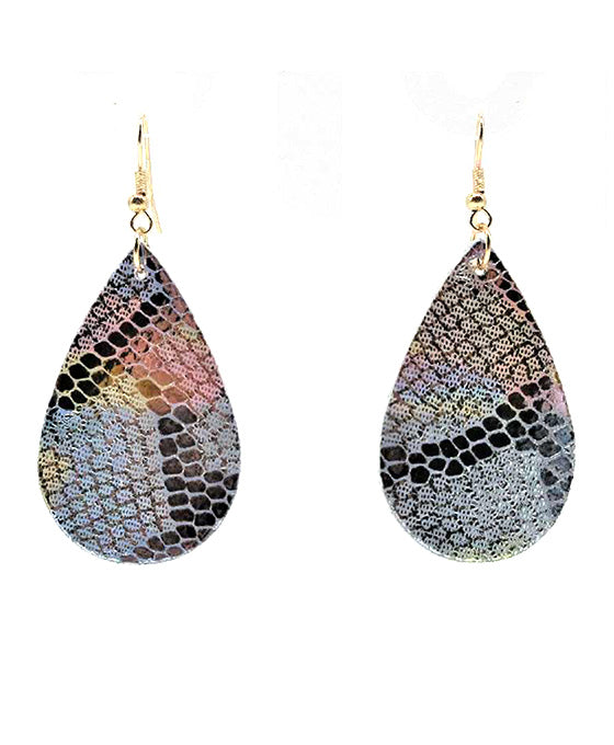 Teardrop Patterned Leather Earring