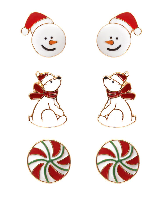 Metal Epoxy Christmas 3 Pair Post Earring
