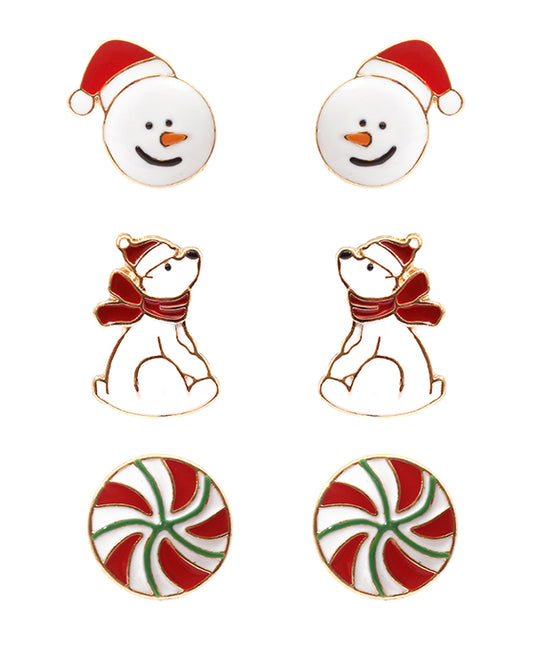 Metal Epoxy Christmas 3 Pair Post Earring