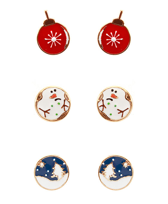 Metal Epoxy Christmas 3 Pair Post Earring