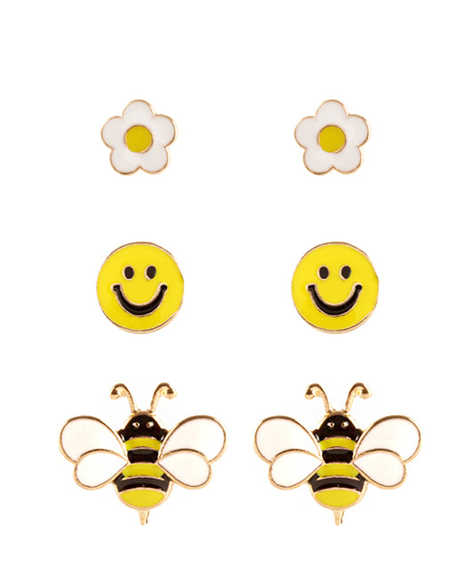 Epoxy 3 Pair Bee Smile Post Earring