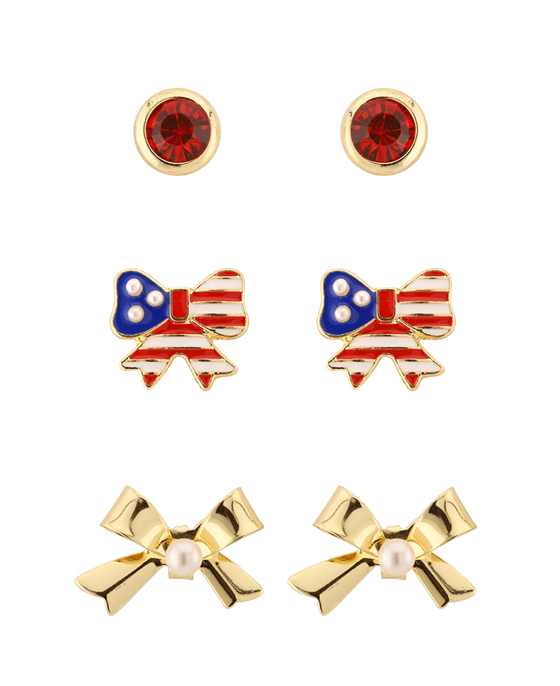 Metal Epoxy Bow Patriot 3 Pair Earring