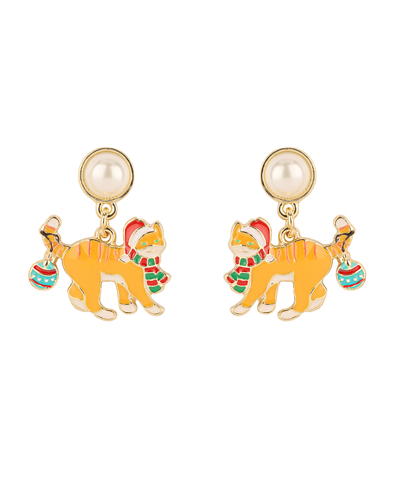 Pearl & Epoxy Cat Christmas Post Earring