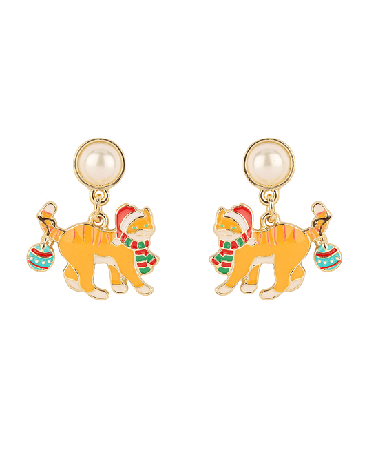 Pearl & Epoxy Cat Christmas Post Earring