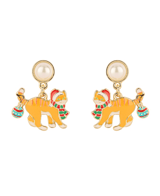 Pearl & Epoxy Cat Christmas Post Earring
