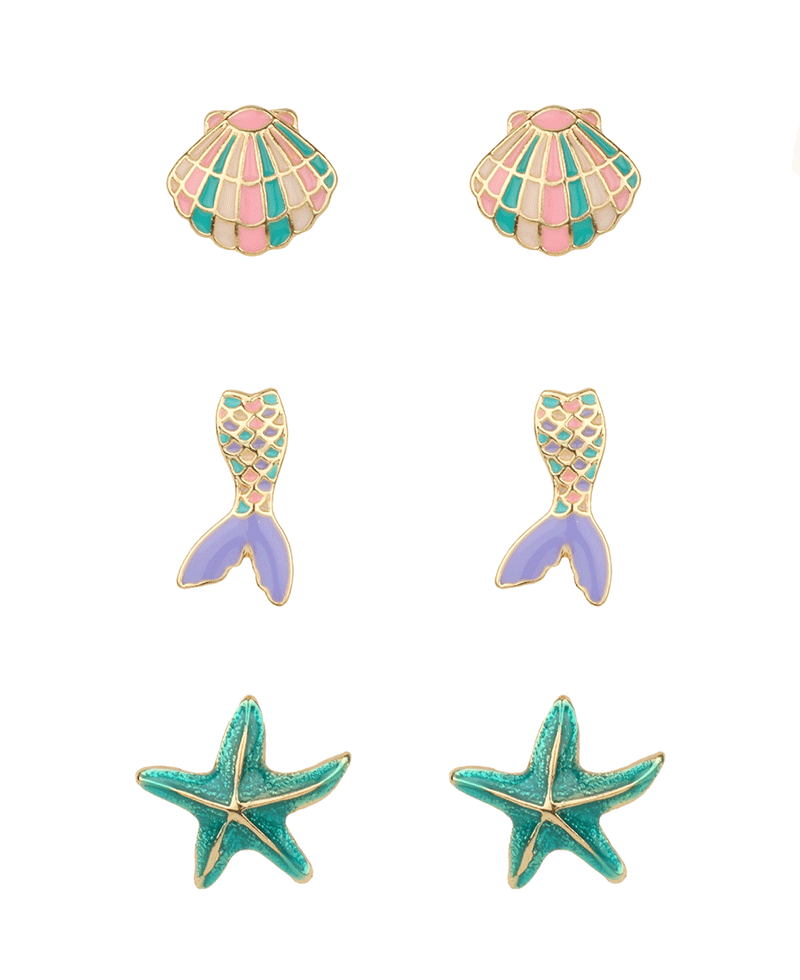 Metal Epoxy Sea Life 3 Pair Post Earring