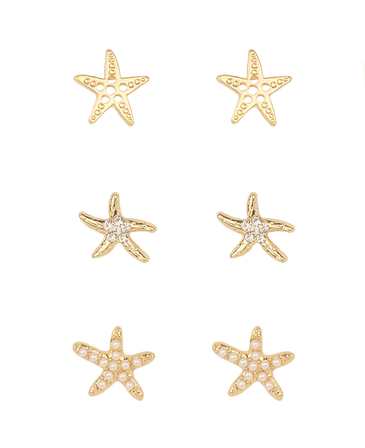 Metal Starfish 3 Pair Post Earring