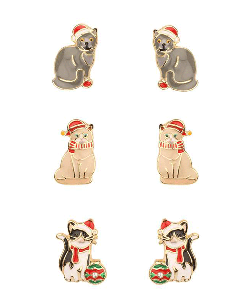 Epoxy Cat Christmas 3 Pair Earring
