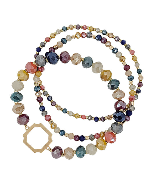 3 Set Hexagon Metal Accent Beads Bracelet
