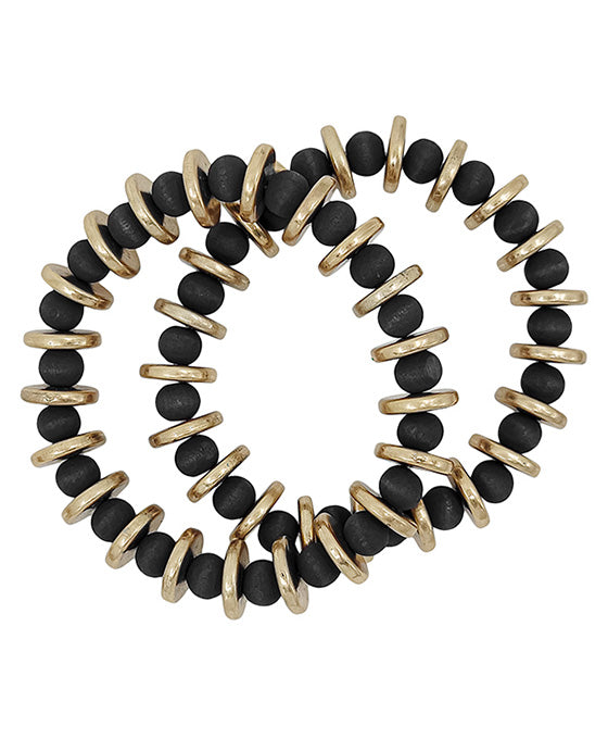 2 Set Flat Metal CCB Accent Wood Bracelet
