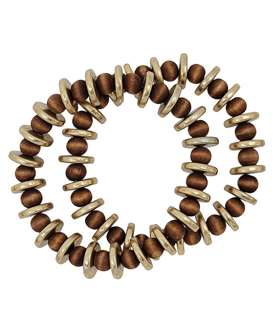 2 Set Flat Metal CCB Accent Wood Bracelet