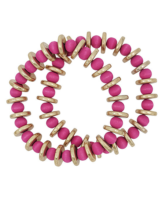 2 Set Flat Metal CCB Accent Wood Bracelet