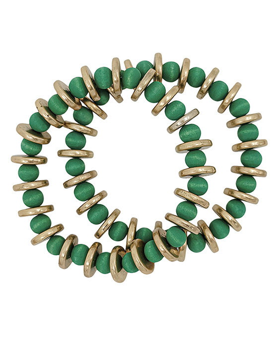 2 Set Flat Metal CCB Accent Wood Bracelet