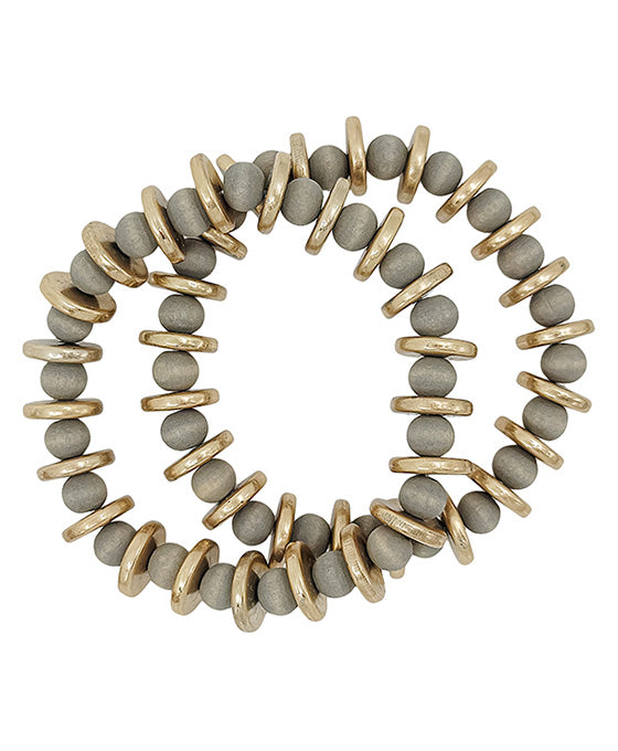 2 Set Flat Metal CCB Accent Wood Bracelet
