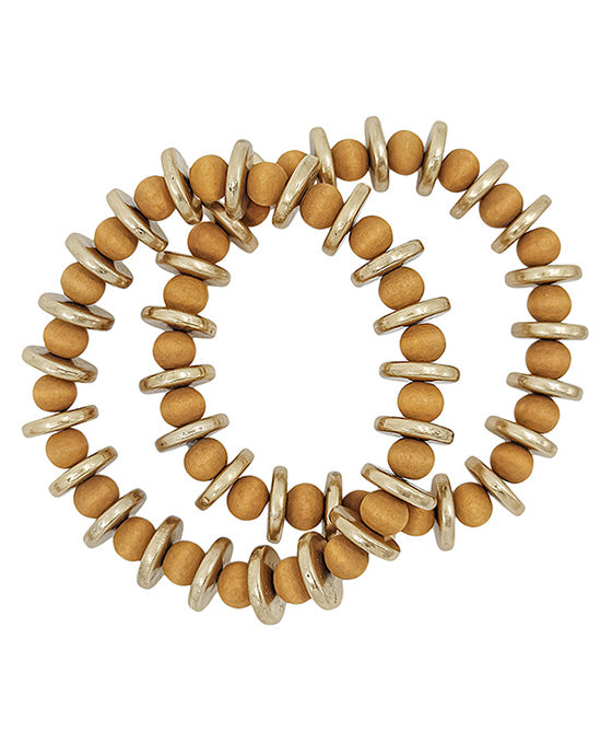 2 Set Flat Metal CCB Accent Wood Bracelet