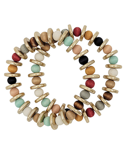 2 Set Flat Metal CCB Accent Wood Bracelet
