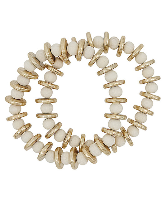 2 Set Flat Metal CCB Accent Wood Bracelet