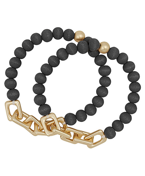 Linked Chain Accent Wood Beads Bracelet