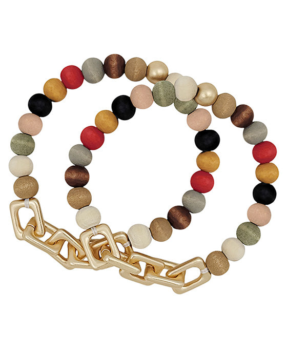 Linked Chain Accent Wood Beads Bracelet