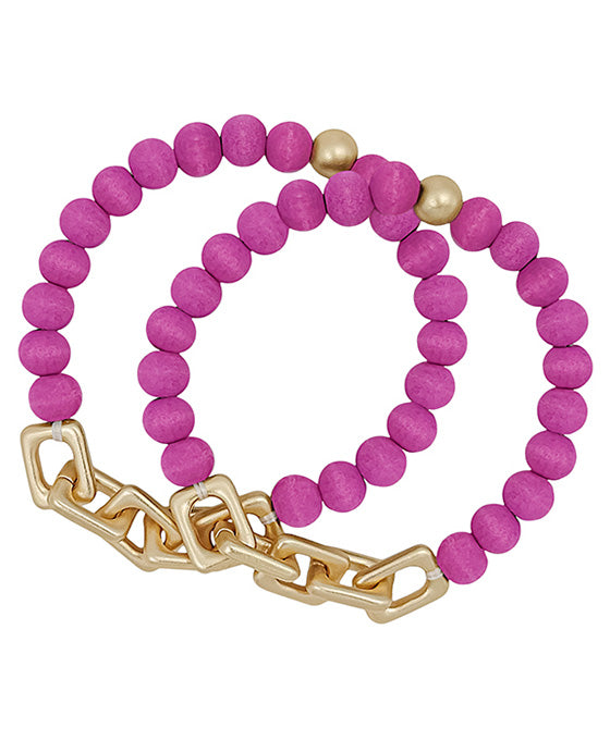 Linked Chain Accent Wood Beads Bracelet