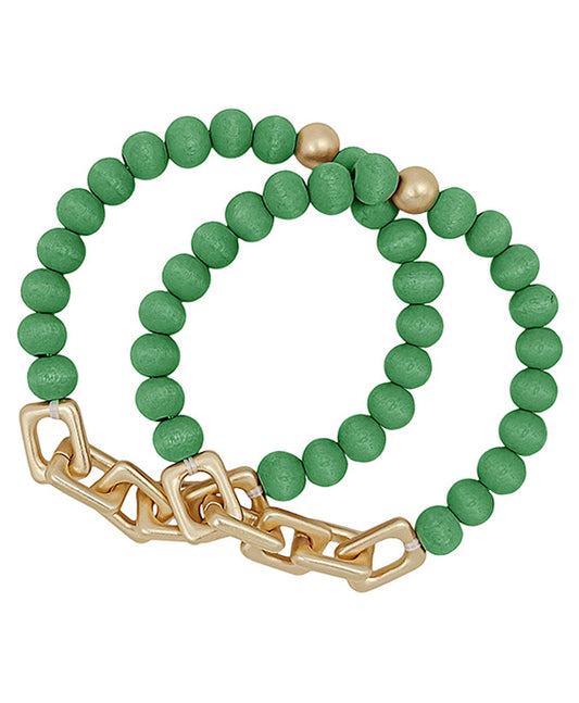Linked Chain Accent Wood Beads Bracelet