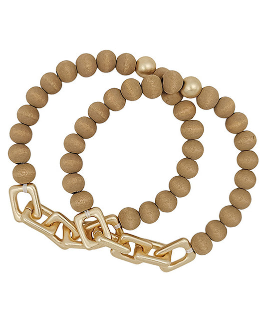 Linked Chain Accent Wood Beads Bracelet