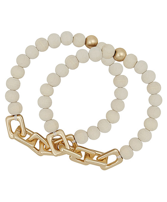 Linked Chain Accent Wood Beads Bracelet