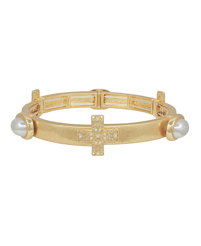 Cross Metal w/ Oval Pearl Stretch Bracelet