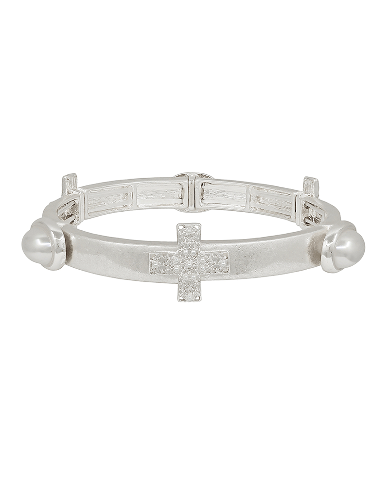 Cross Metal w/ Oval Pearl Stretch Bracelet