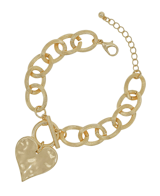 Texture Oval Chunky Chain w/ Heart Charm Bracelet