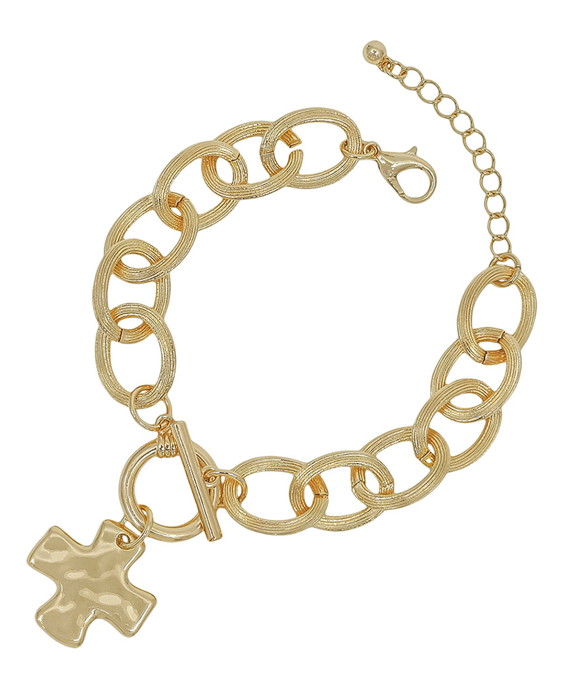 EMB1761Texture Oval Chunky Chain w/ Cross Charm Bracelet