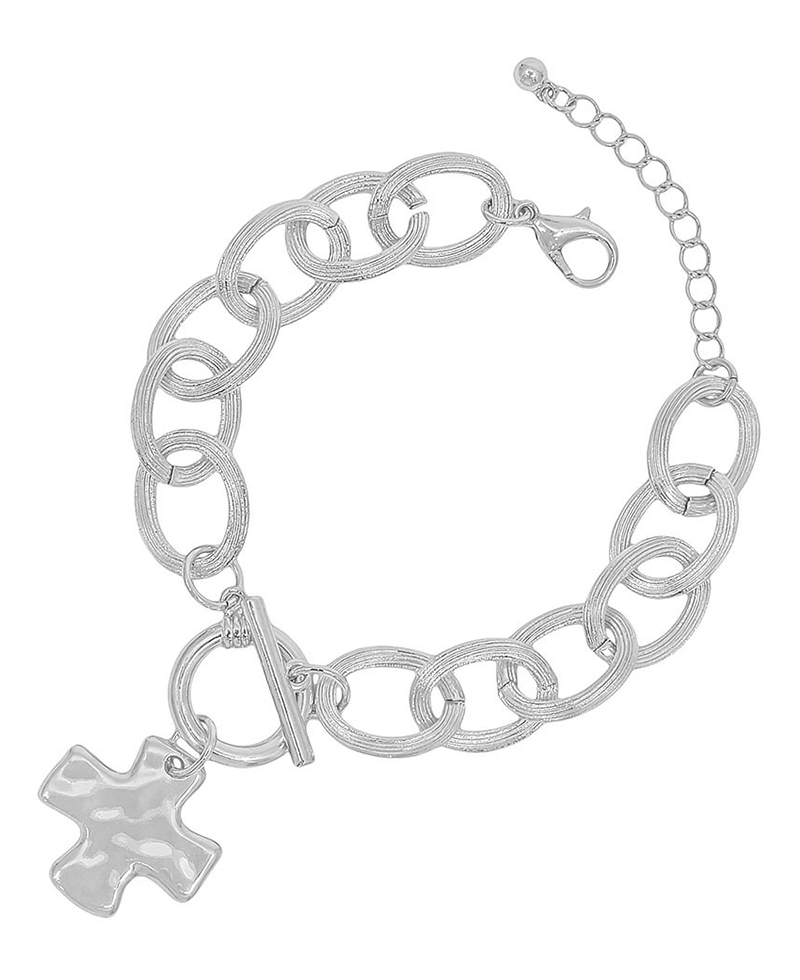 EMB1761Texture Oval Chunky Chain w/ Cross Charm Bracelet
