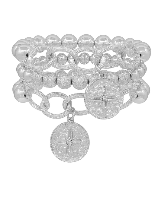 Double Coin w/ Cross 10mm Metal Ball Chain Bracelet