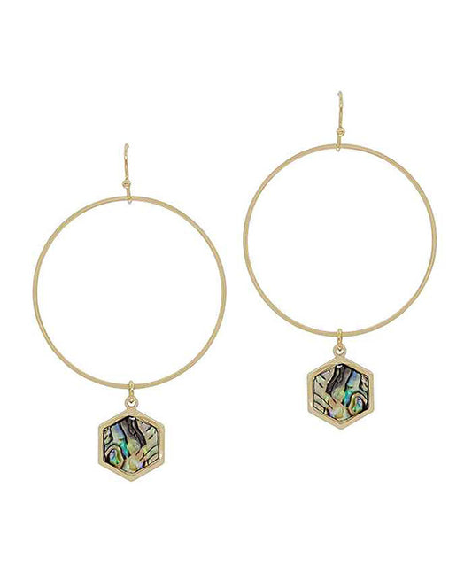 Mop Hexagon Charm Round Casting Earring