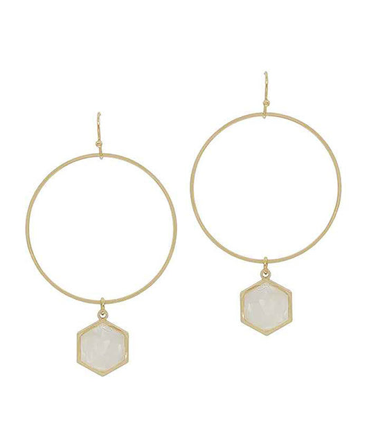 Mop Hexagon Charm Round Casting Earring