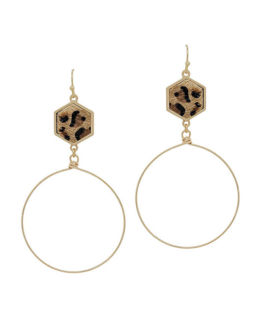 Hexagon Leather Accent Wire Round Earring